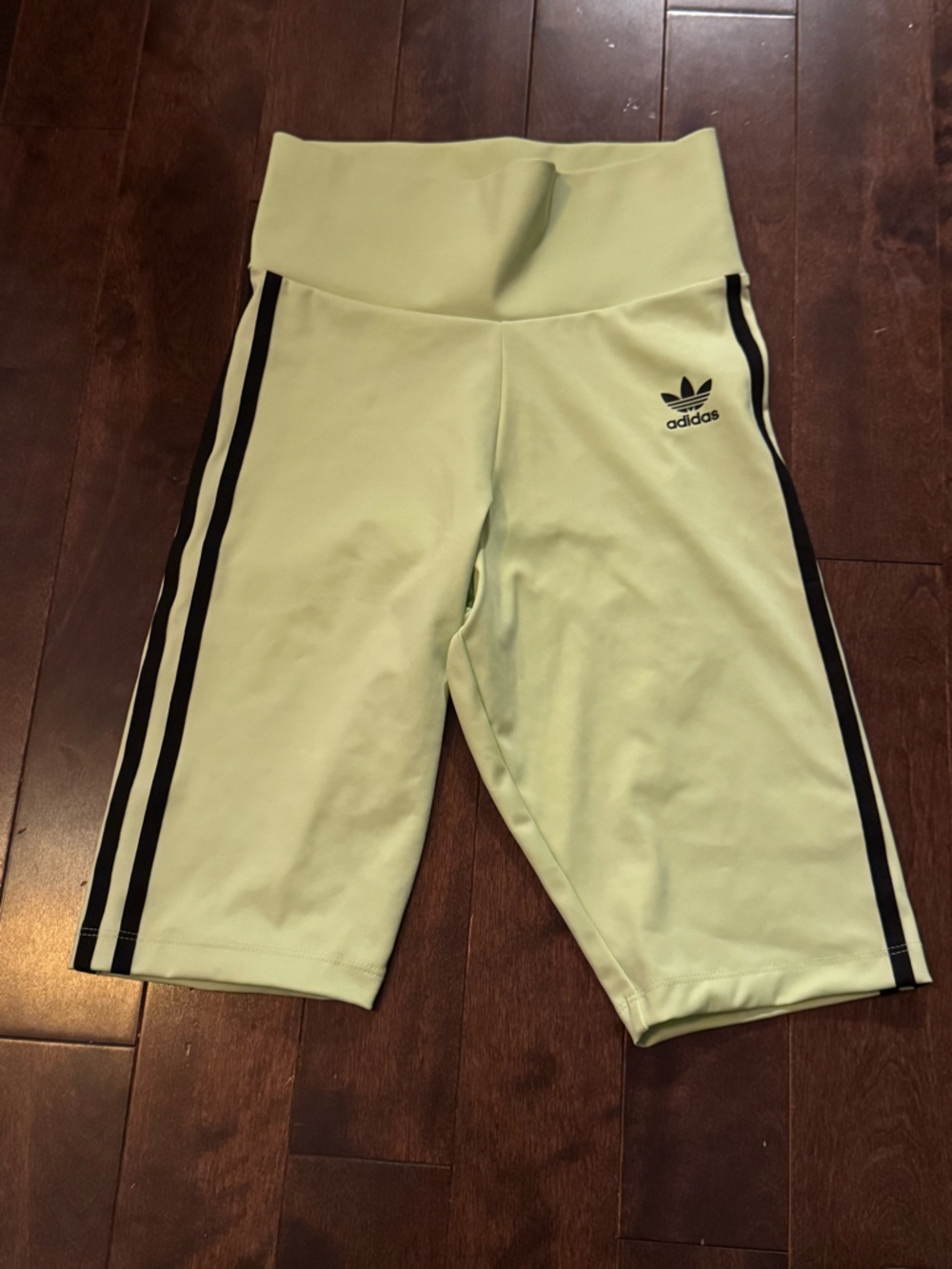 Adidas Light Green High-Waist Bike Shorts with Black Stripes lime